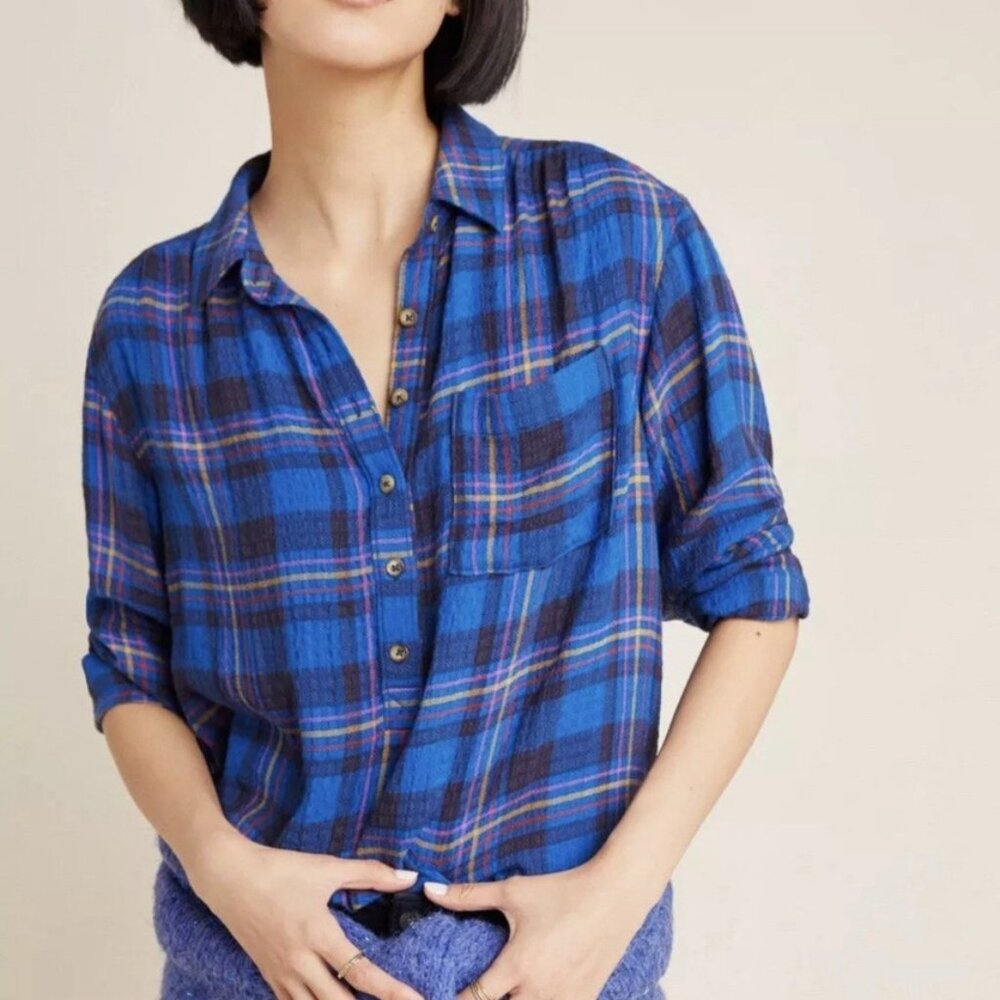 Anthropologie Cabincore Soft Button Back Flannel Tunic in Blue Plaid - Size M